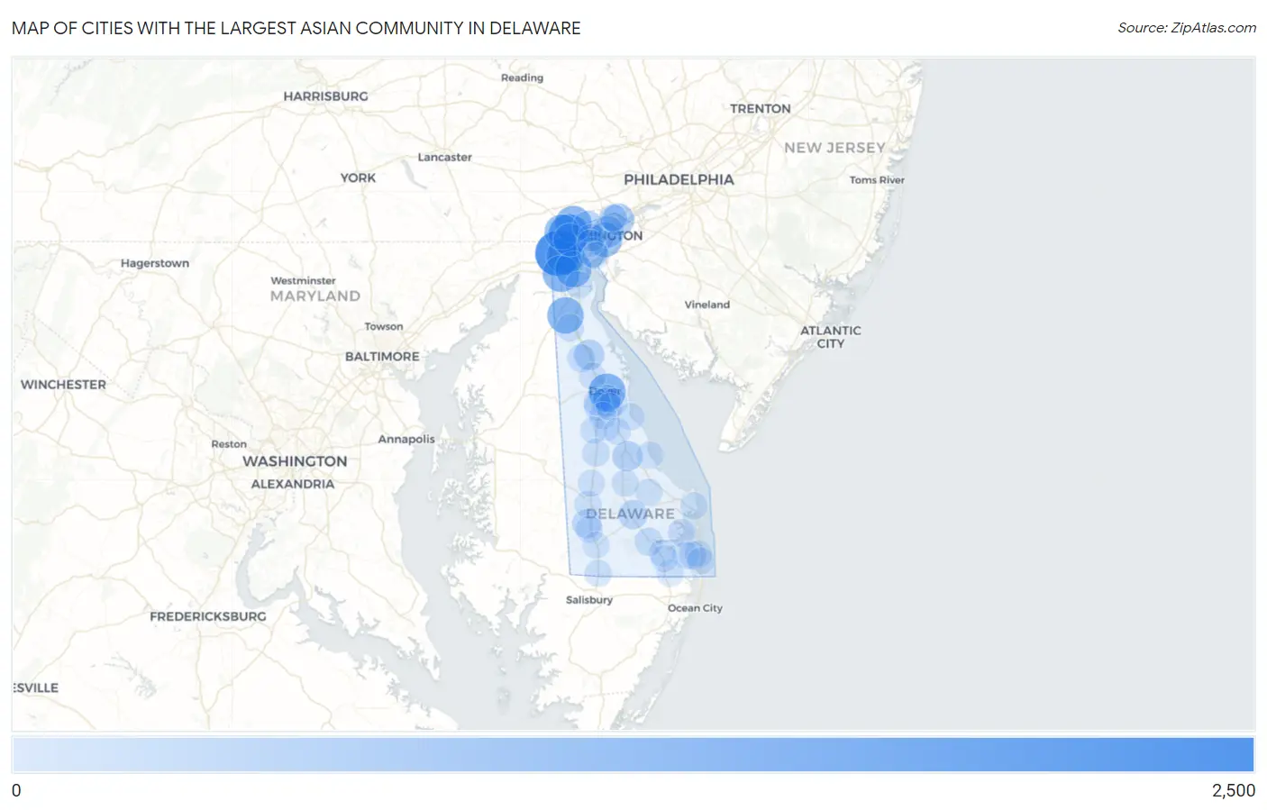 Cities with the Largest Asian Community in Delaware Map