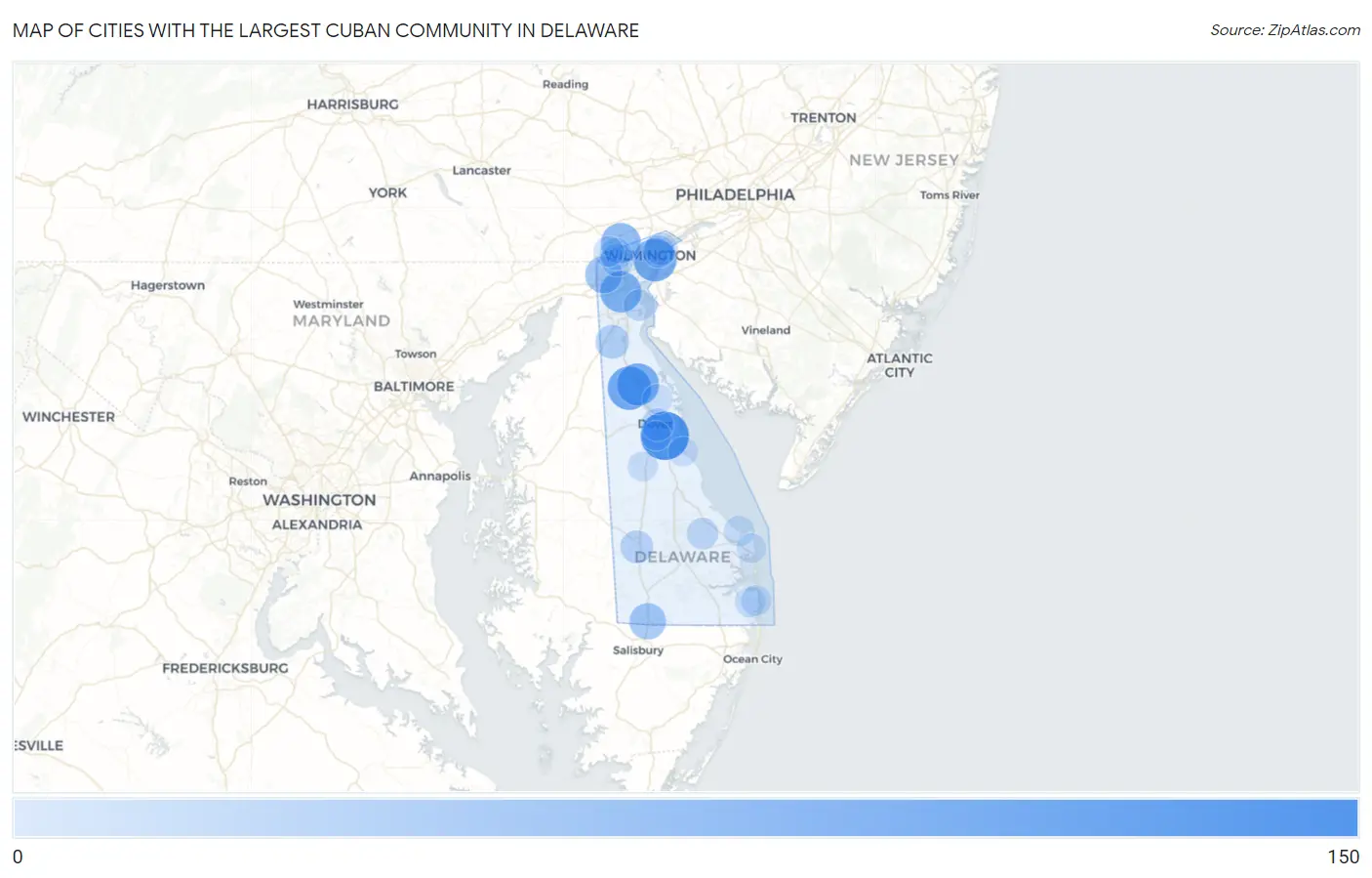 Cities with the Largest Cuban Community in Delaware Map