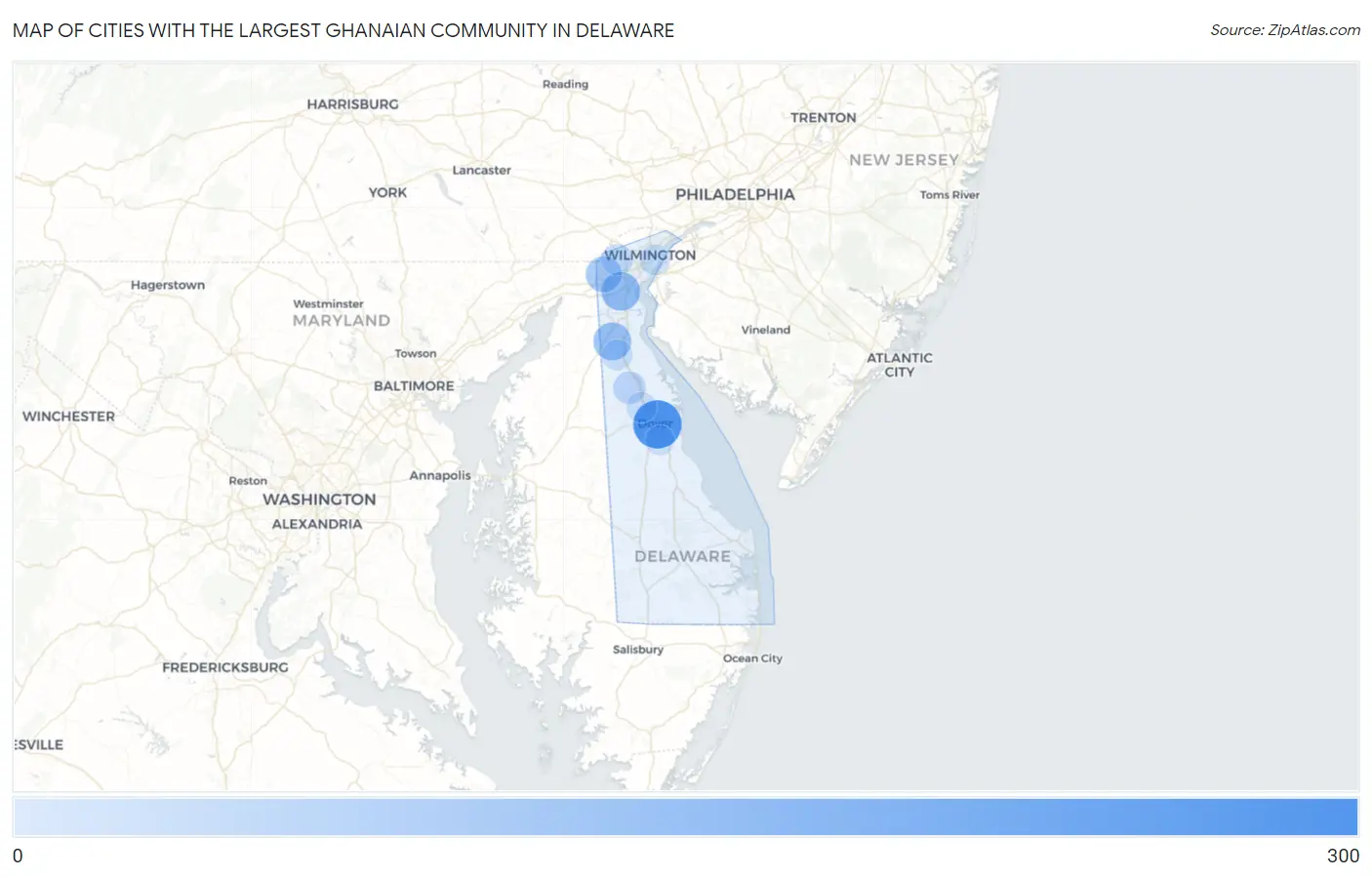 Cities with the Largest Ghanaian Community in Delaware Map