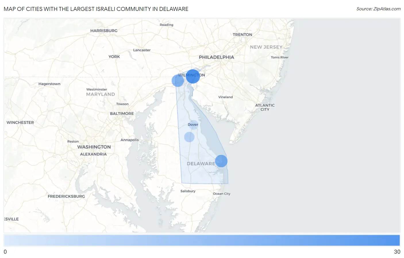Cities with the Largest Israeli Community in Delaware Map