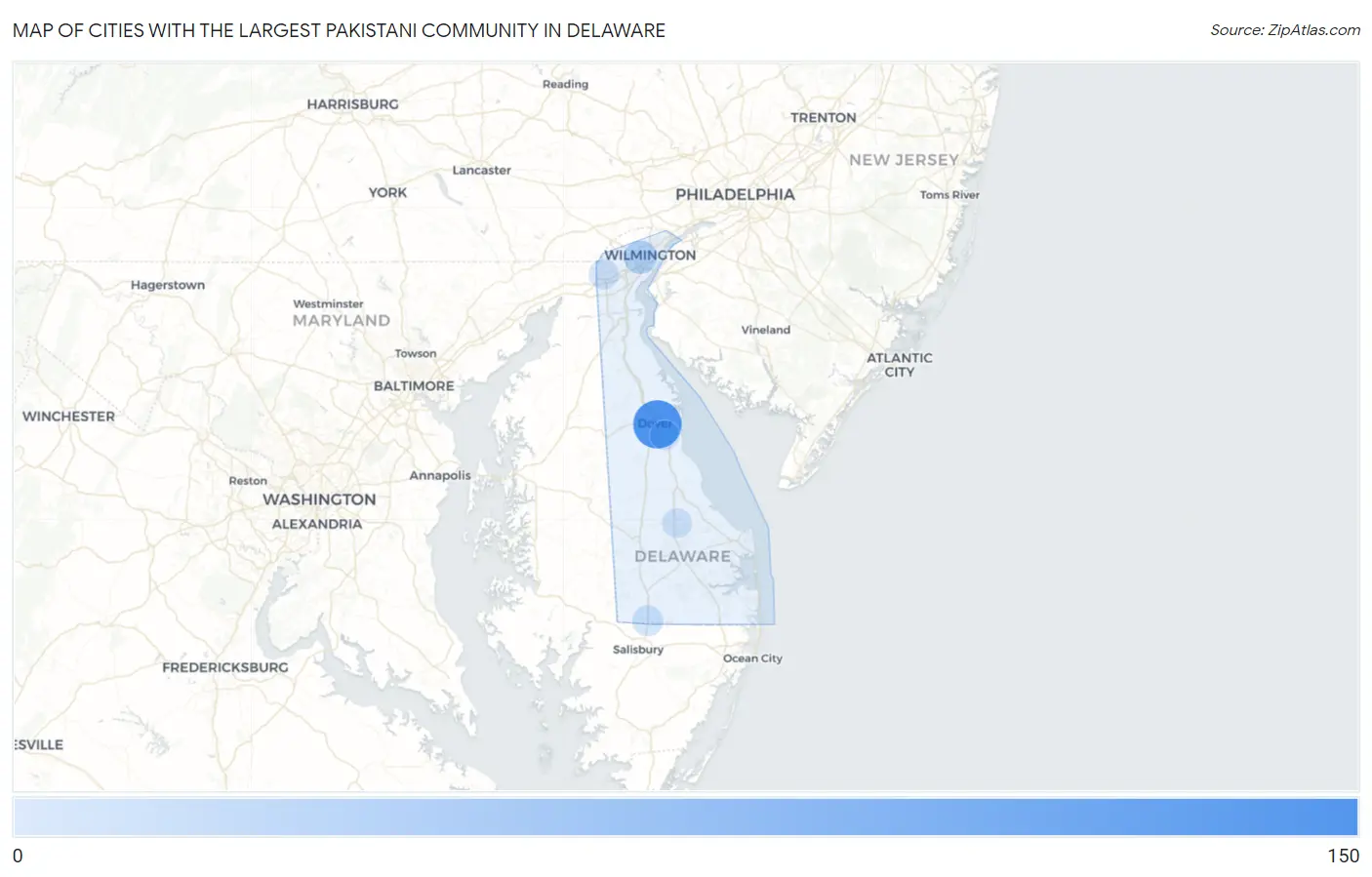 Cities with the Largest Pakistani Community in Delaware Map