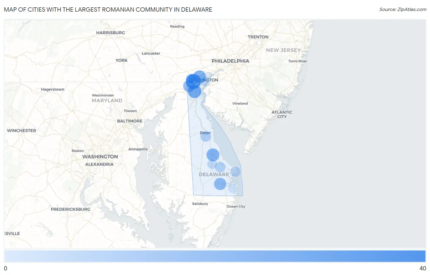Cities with the Largest Romanian Community in Delaware Map