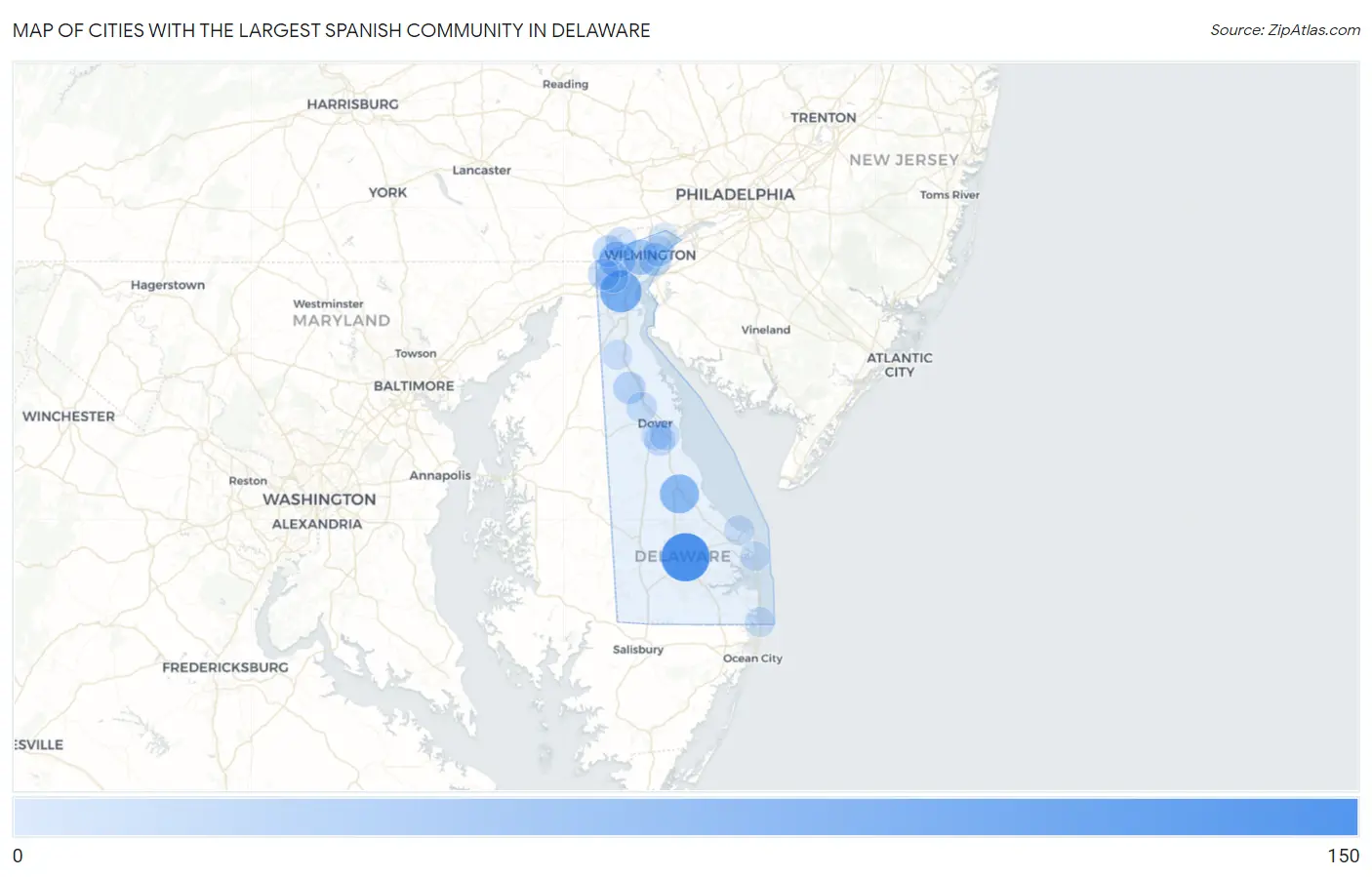 Cities with the Largest Spanish Community in Delaware Map
