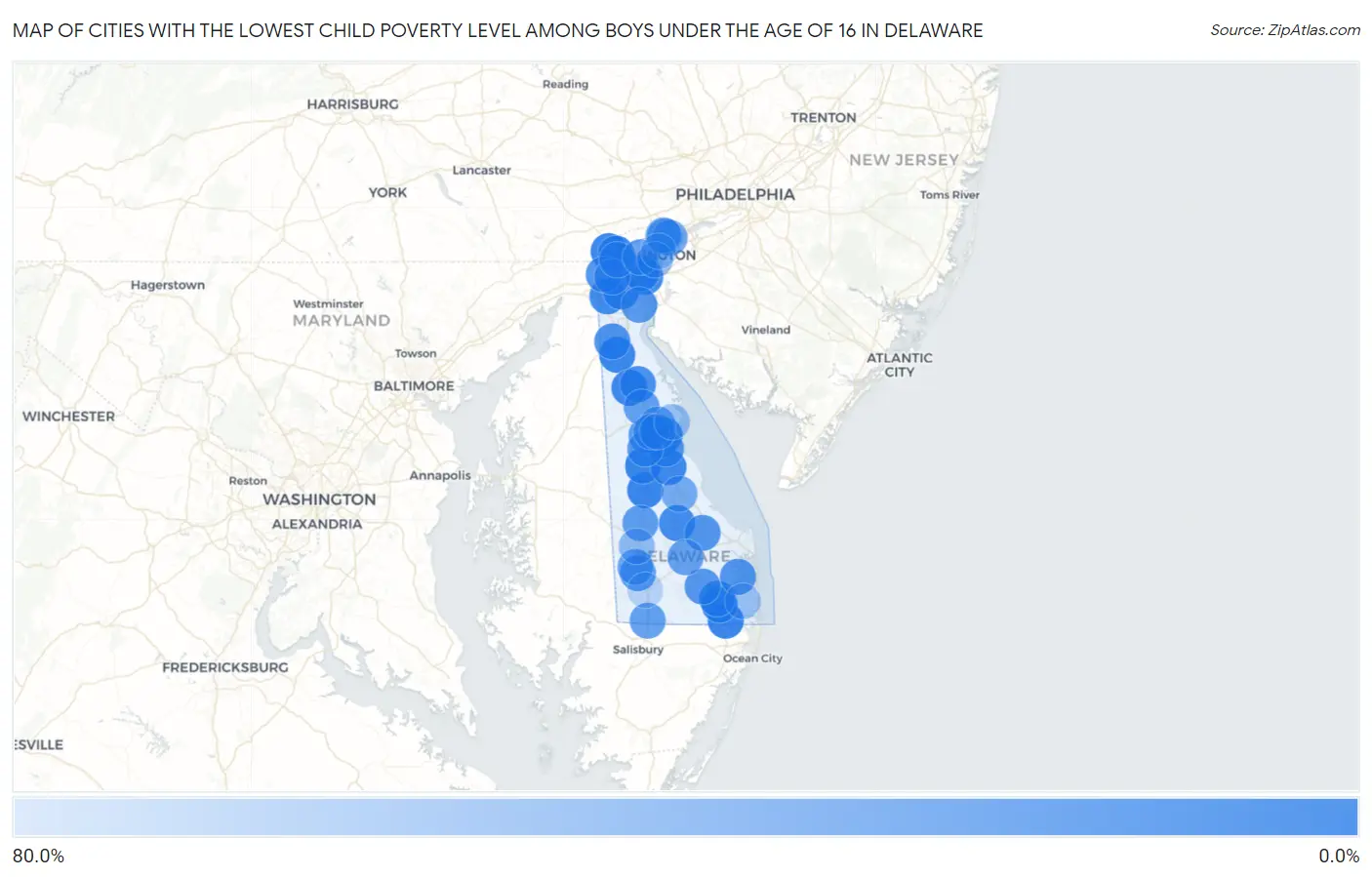 Cities with the Lowest Child Poverty Level Among Boys Under the Age of 16 in Delaware Map