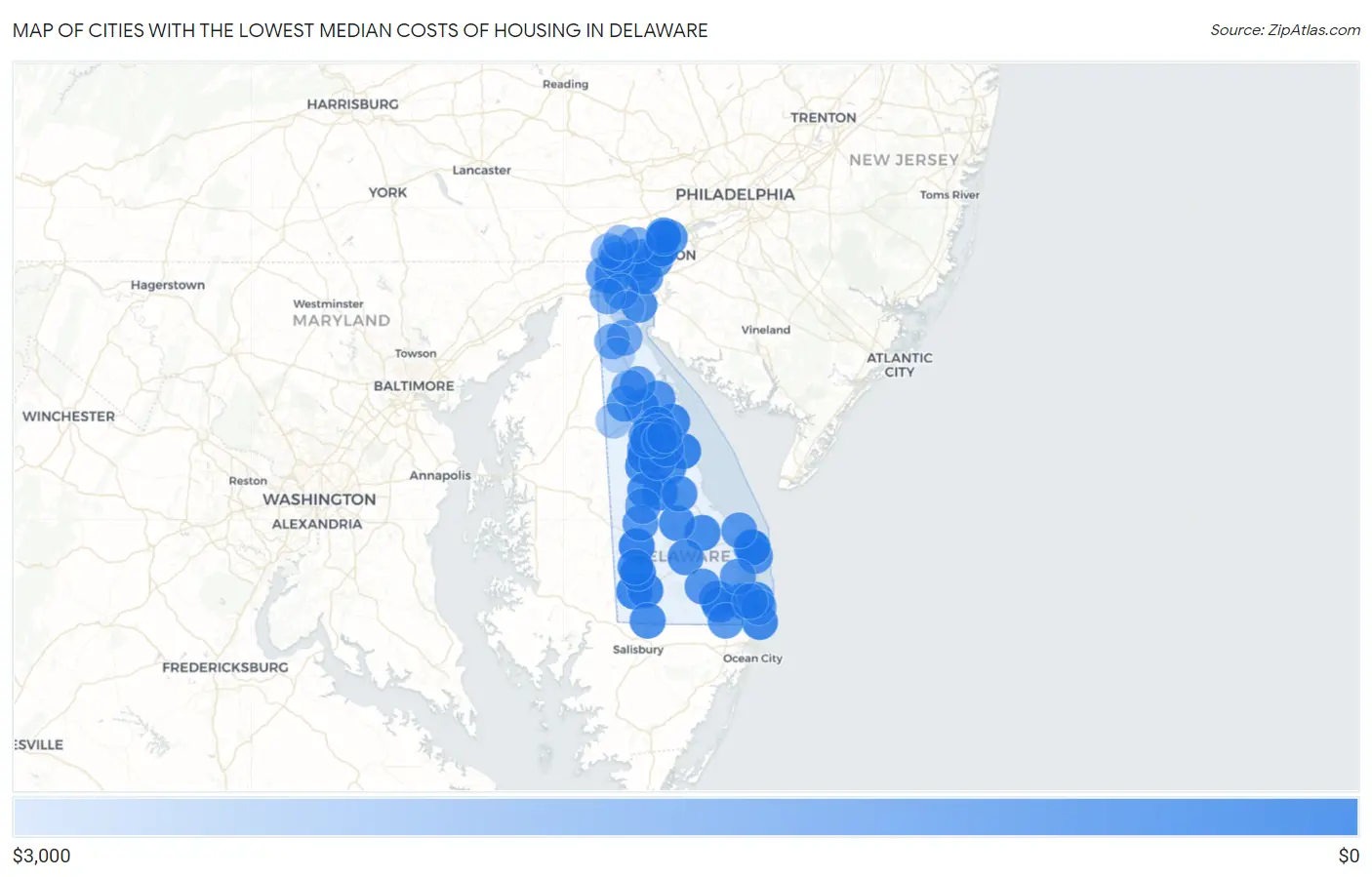 Cities with the Lowest Median Costs of Housing in Delaware Map