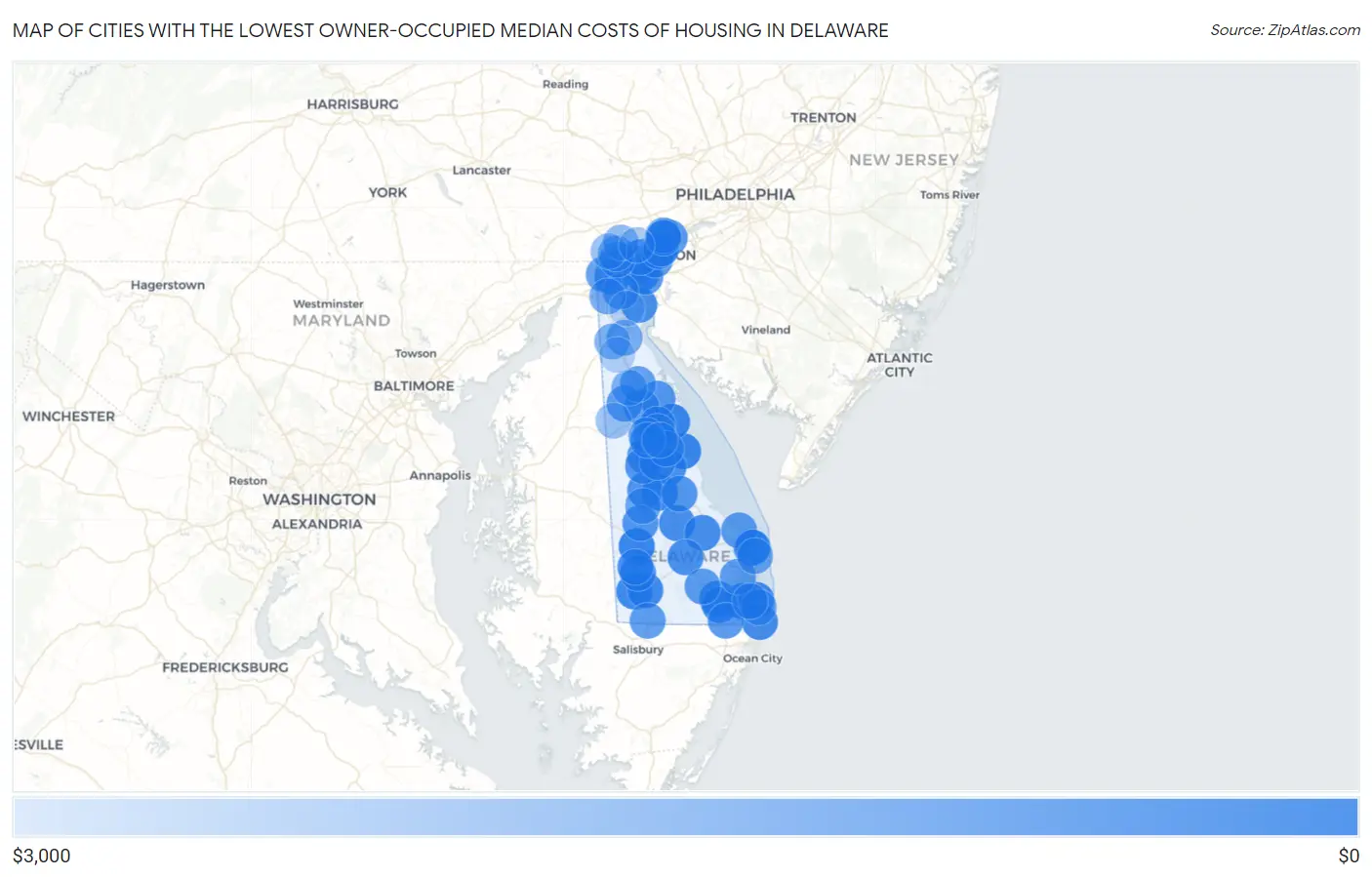 Cities with the Lowest Owner-Occupied Median Costs of Housing in Delaware Map