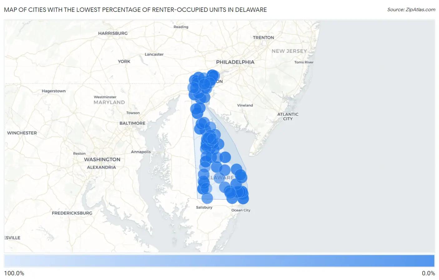 Cities with the Lowest Percentage of Renter-Occupied Units in Delaware Map