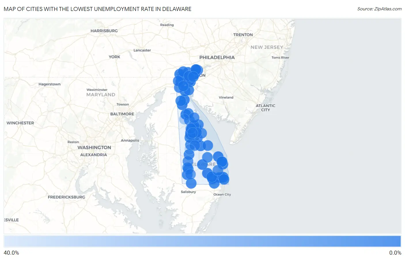 Cities with the Lowest Unemployment Rate in Delaware Map