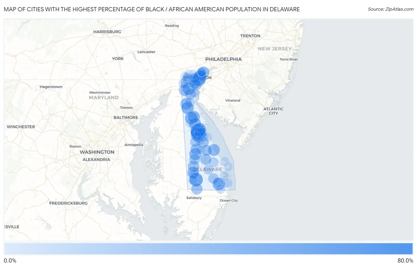 Cities with the Highest Percentage of Black / African American Population in Delaware Map