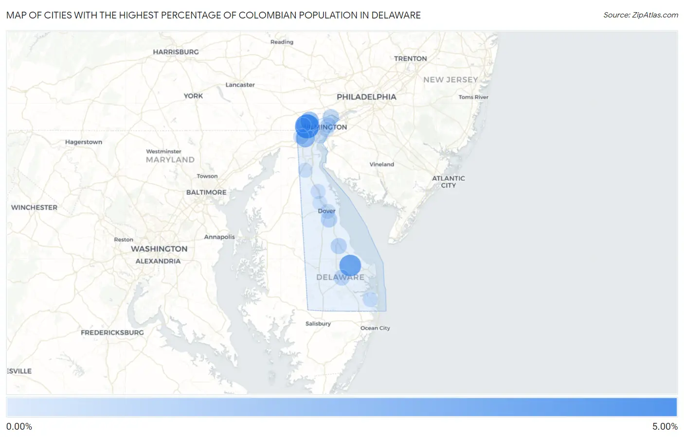 Cities with the Highest Percentage of Colombian Population in Delaware Map