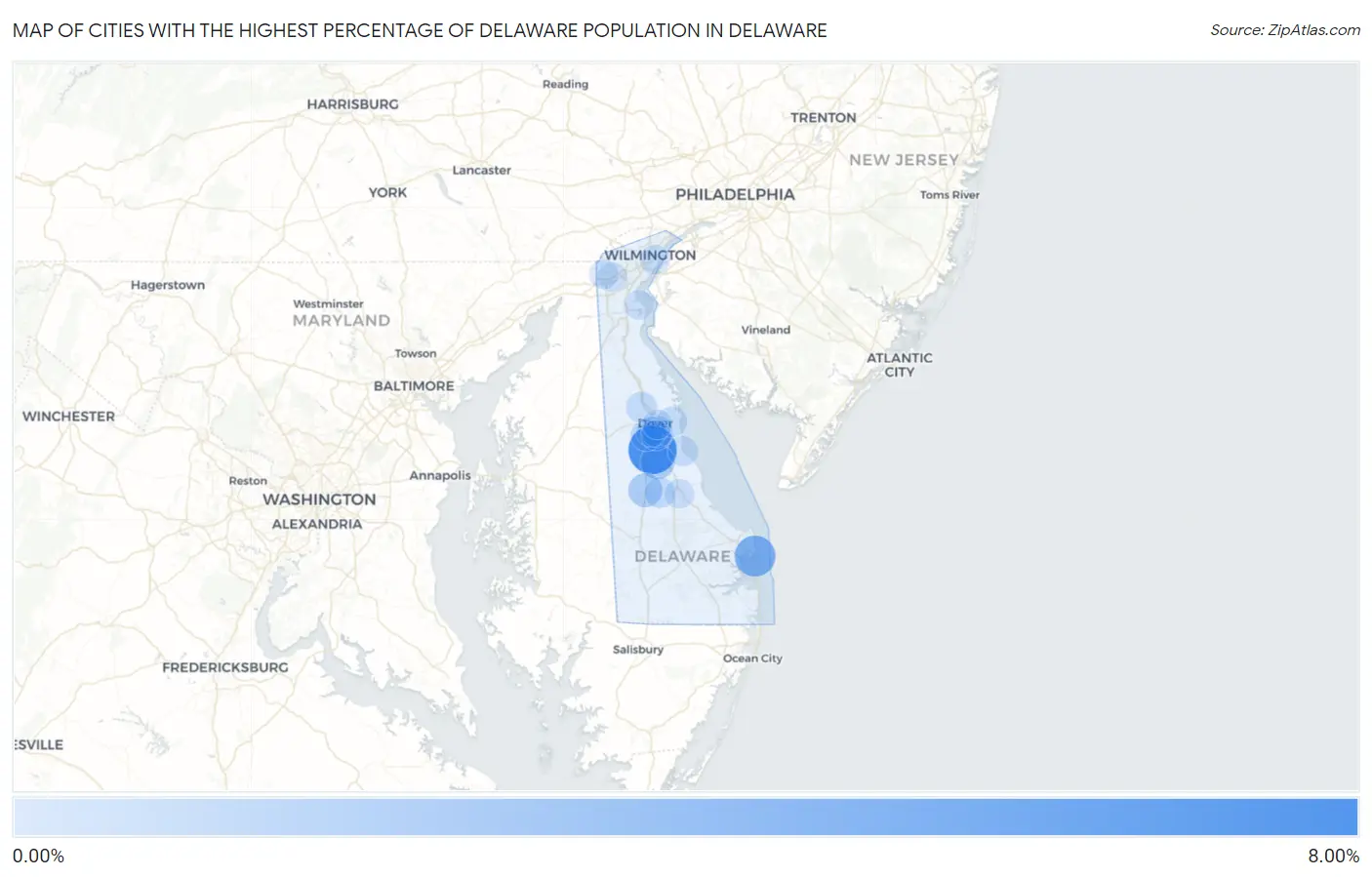 Cities with the Highest Percentage of Delaware Population in Delaware Map