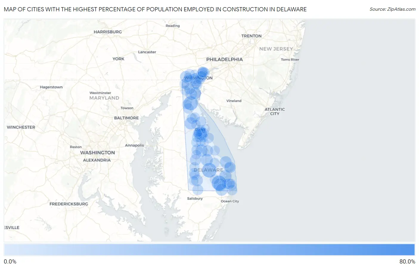 Cities with the Highest Percentage of Population Employed in Construction in Delaware Map