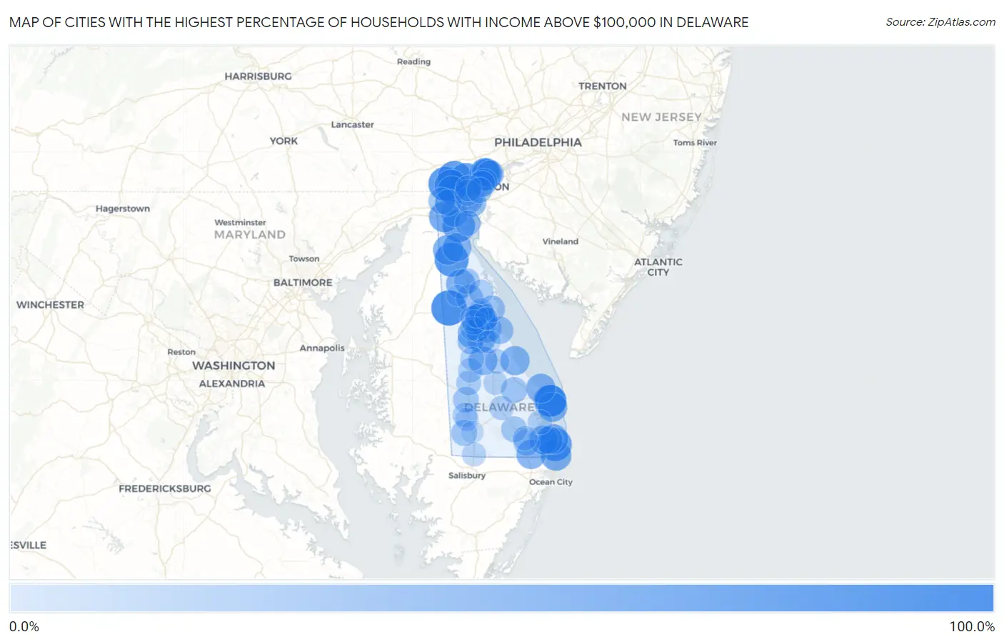 Cities with the Highest Percentage of Households with Income Above $100,000 in Delaware Map