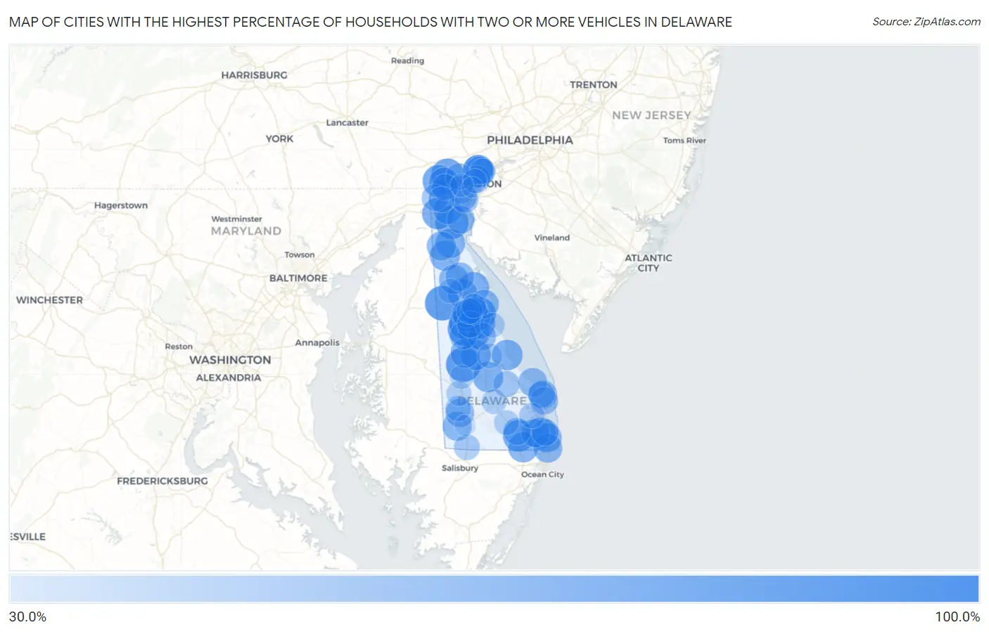 Cities with the Highest Percentage of Households With Two or more Vehicles in Delaware Map