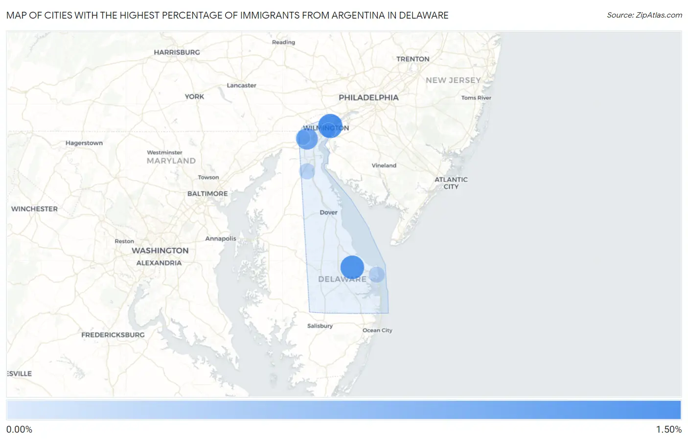 Cities with the Highest Percentage of Immigrants from Argentina in Delaware Map