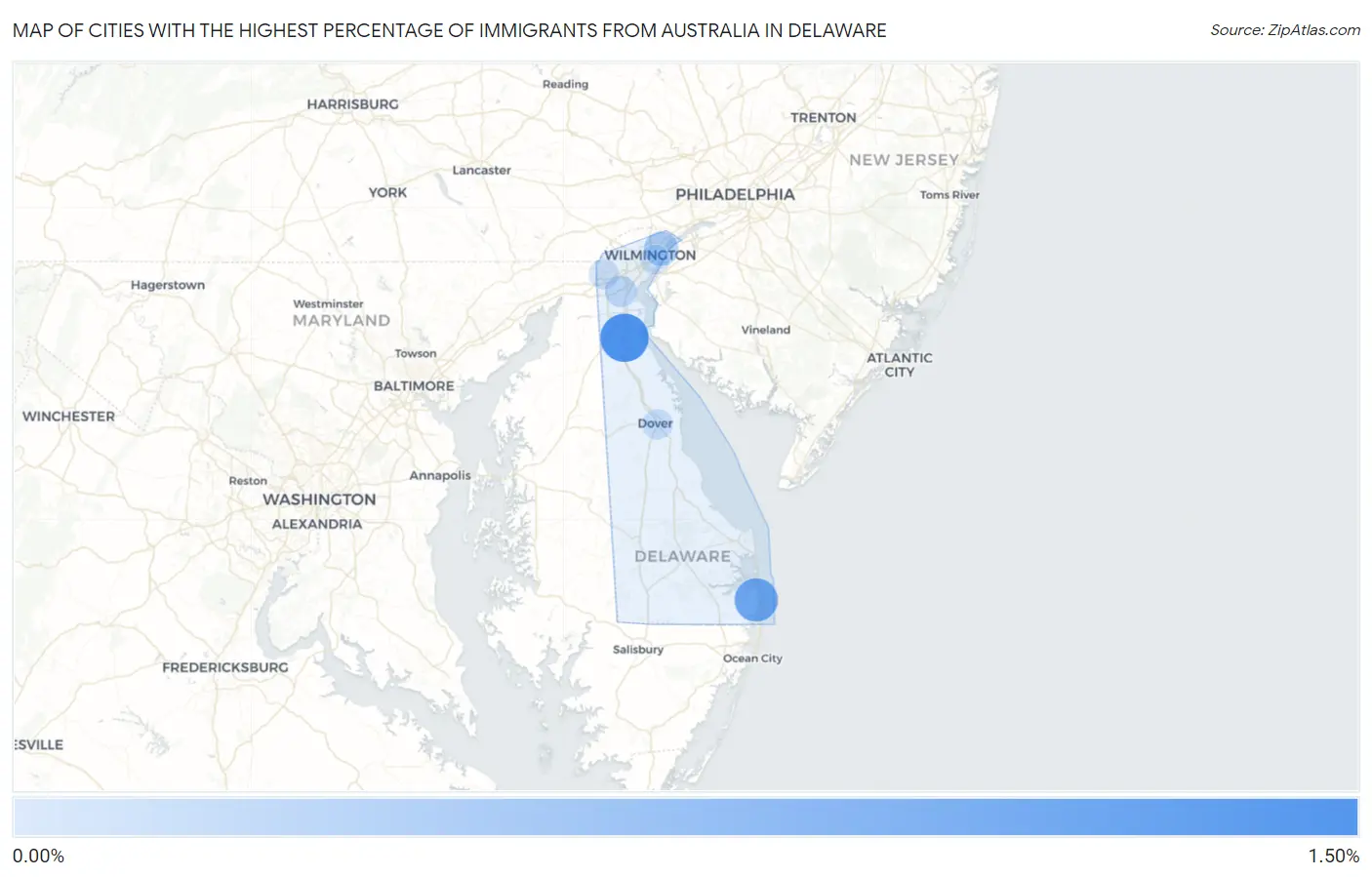 Cities with the Highest Percentage of Immigrants from Australia in Delaware Map