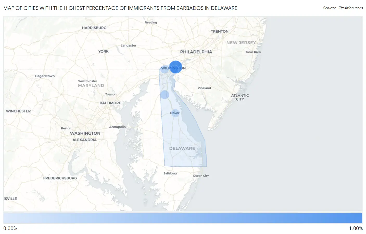 Cities with the Highest Percentage of Immigrants from Barbados in Delaware Map