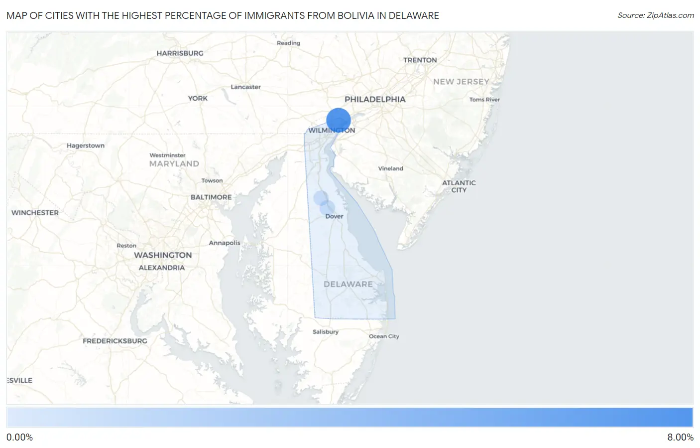 Cities with the Highest Percentage of Immigrants from Bolivia in Delaware Map