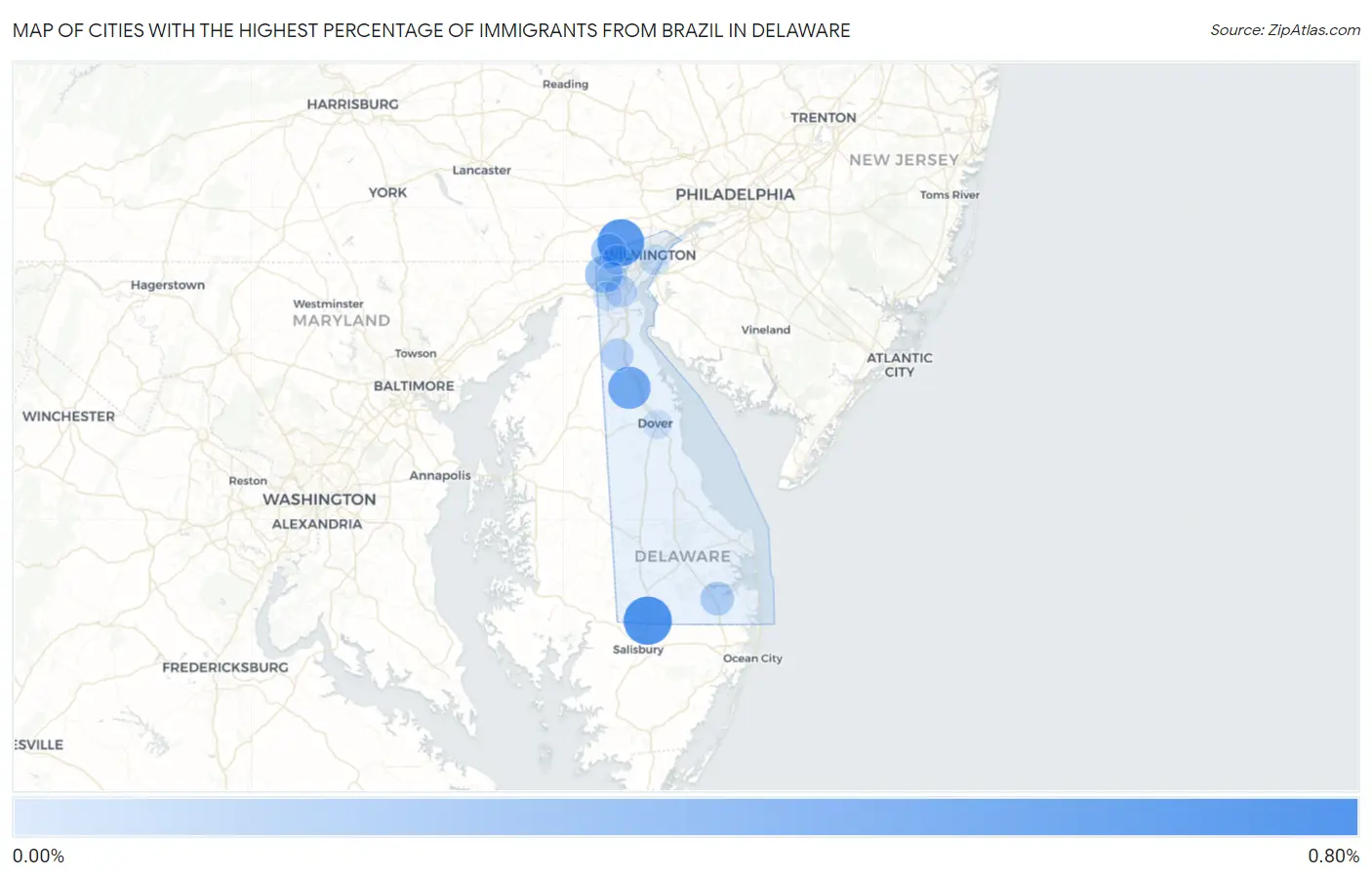 Cities with the Highest Percentage of Immigrants from Brazil in Delaware Map
