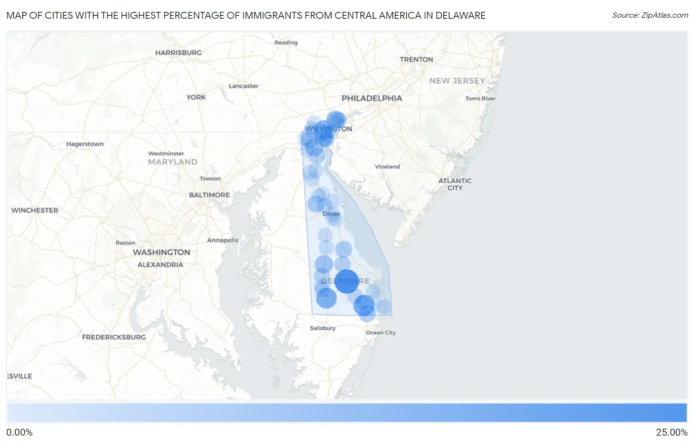 Cities with the Highest Percentage of Immigrants from Central America in Delaware Map