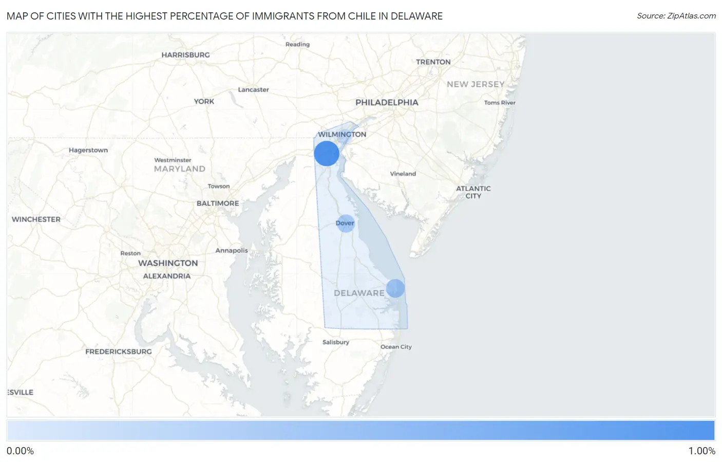 Cities with the Highest Percentage of Immigrants from Chile in Delaware Map