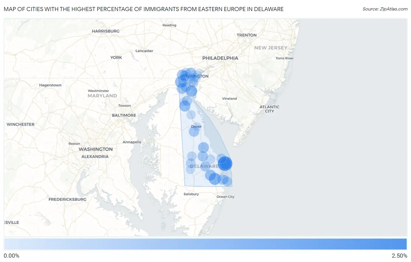 Cities with the Highest Percentage of Immigrants from Eastern Europe in Delaware Map