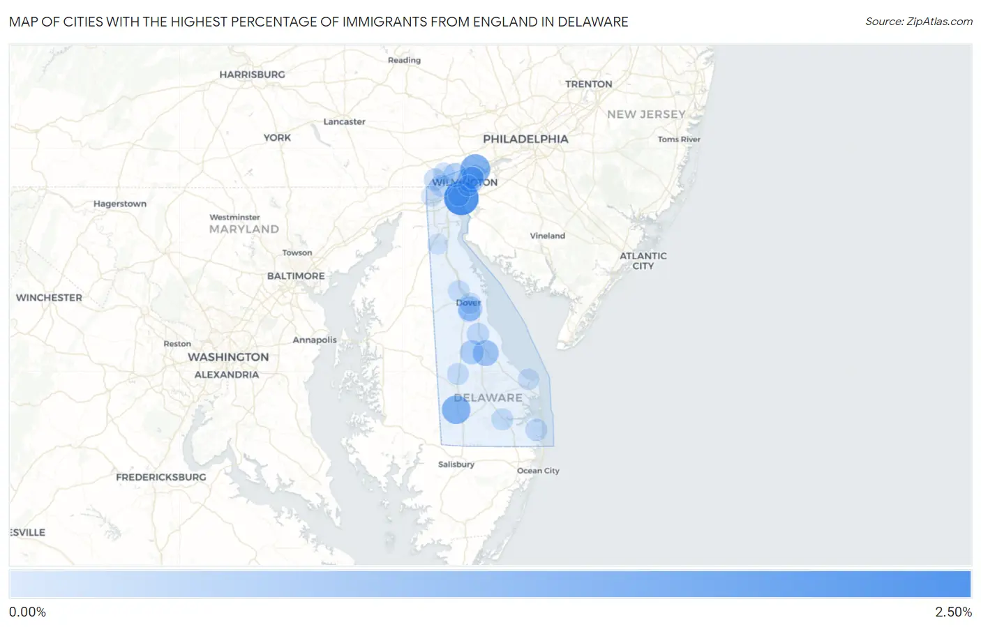 Cities with the Highest Percentage of Immigrants from England in Delaware Map
