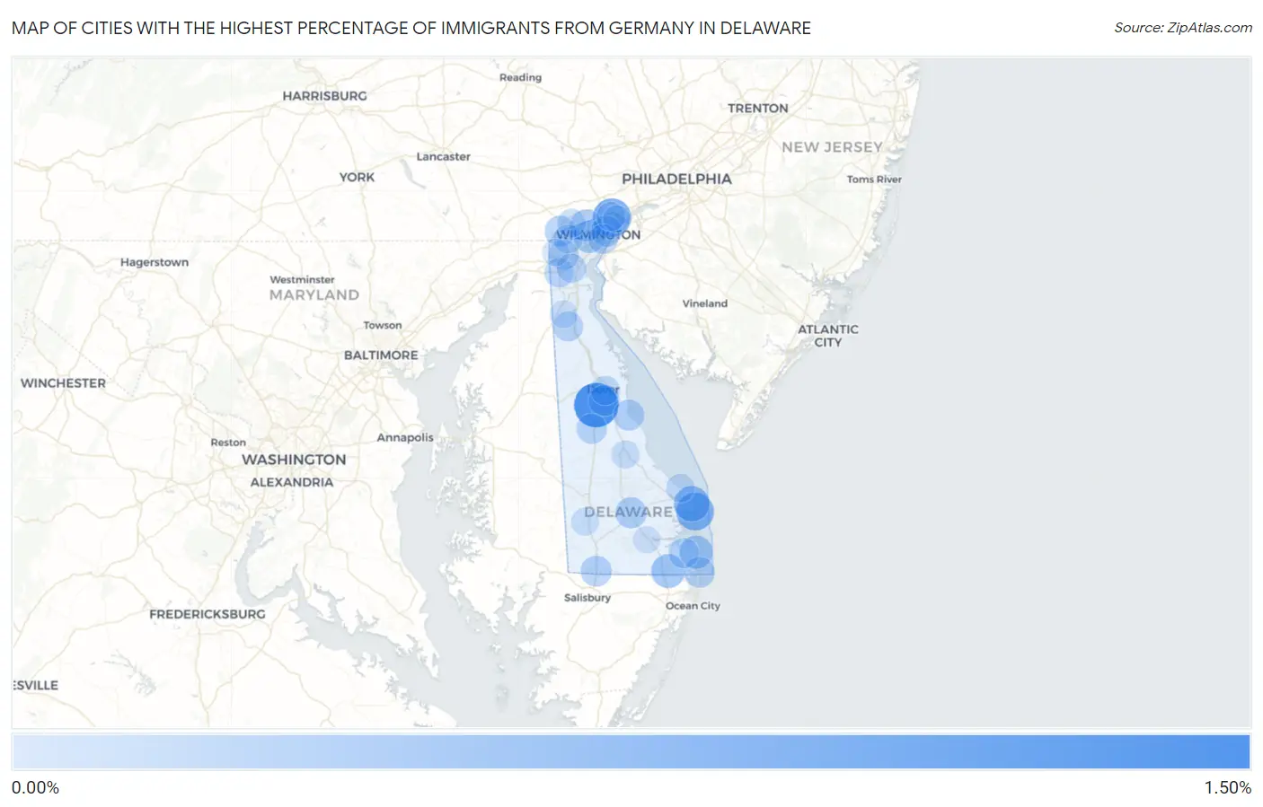 Cities with the Highest Percentage of Immigrants from Germany in Delaware Map