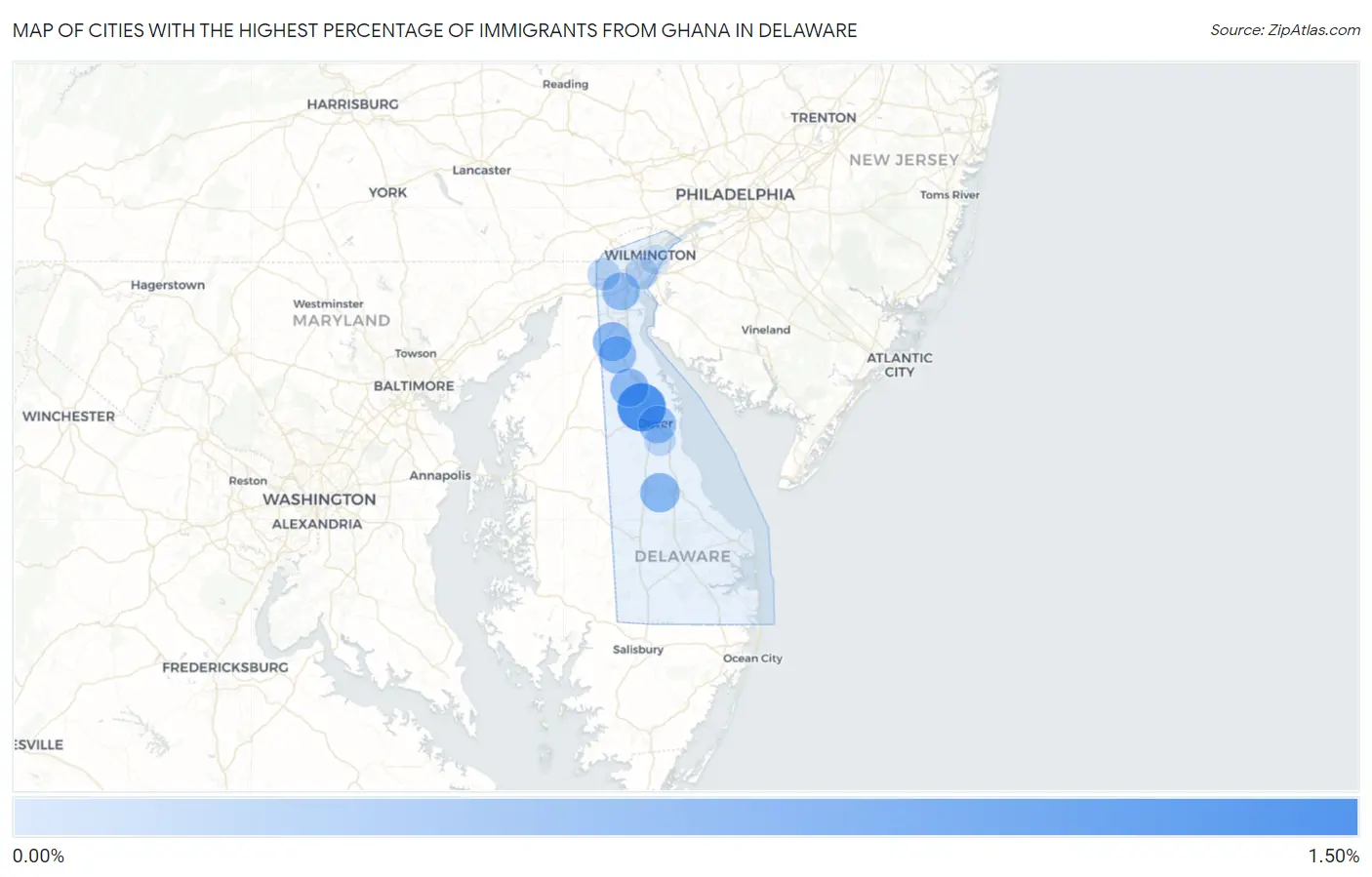 Cities with the Highest Percentage of Immigrants from Ghana in Delaware Map