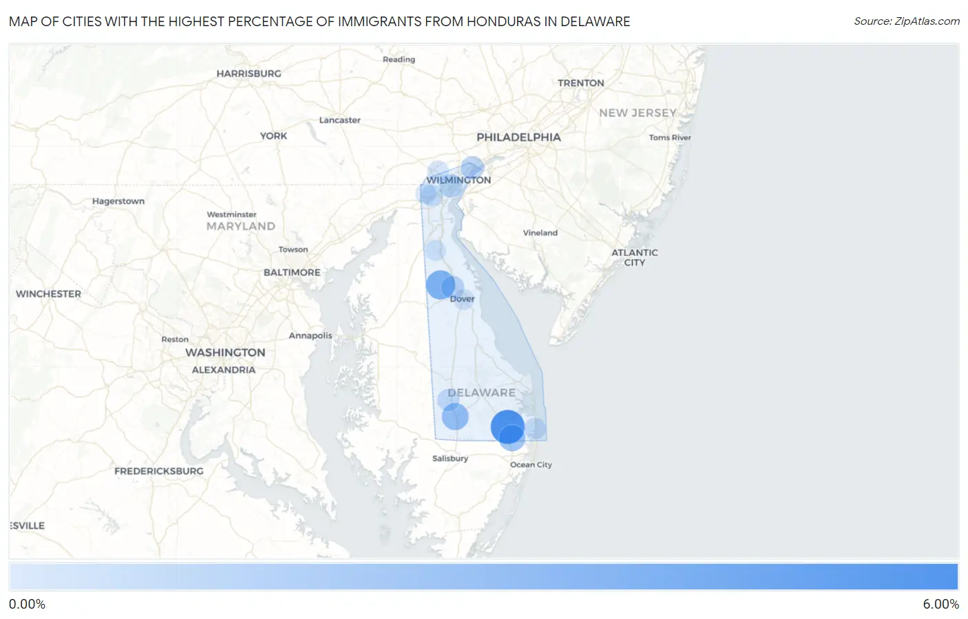 Cities with the Highest Percentage of Immigrants from Honduras in Delaware Map