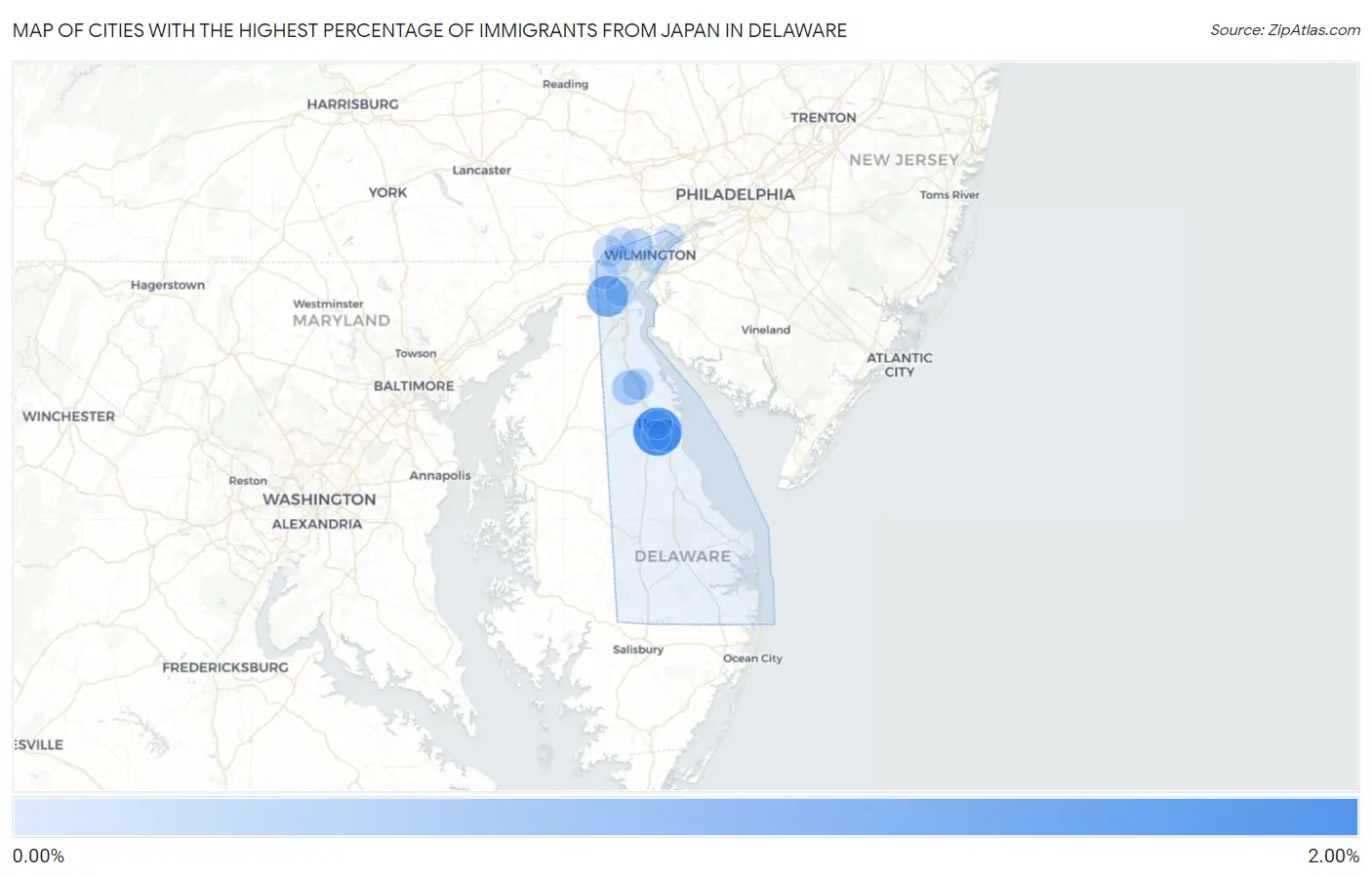 Cities with the Highest Percentage of Immigrants from Japan in Delaware Map