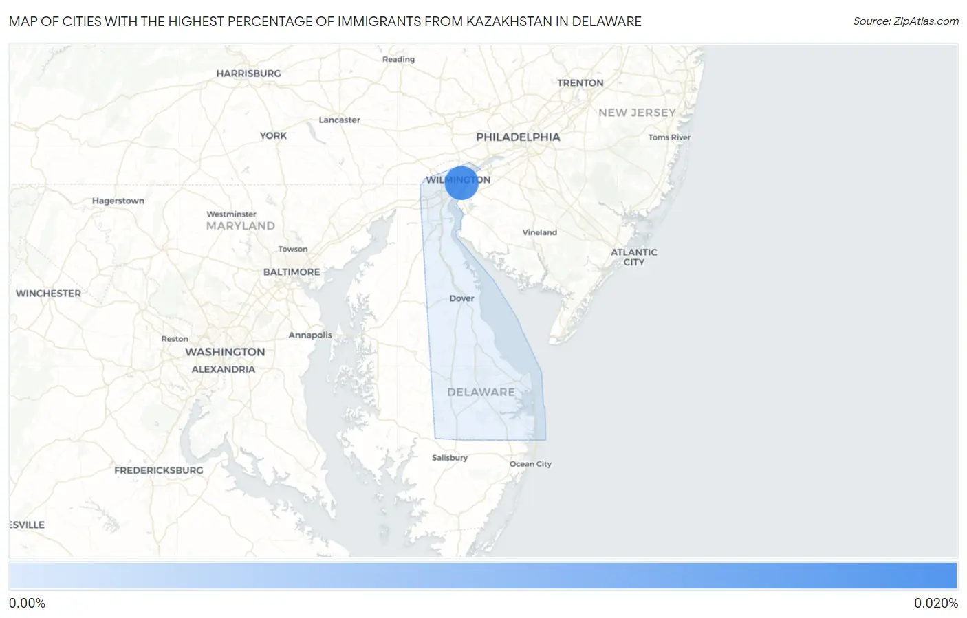 Cities with the Highest Percentage of Immigrants from Kazakhstan in Delaware Map