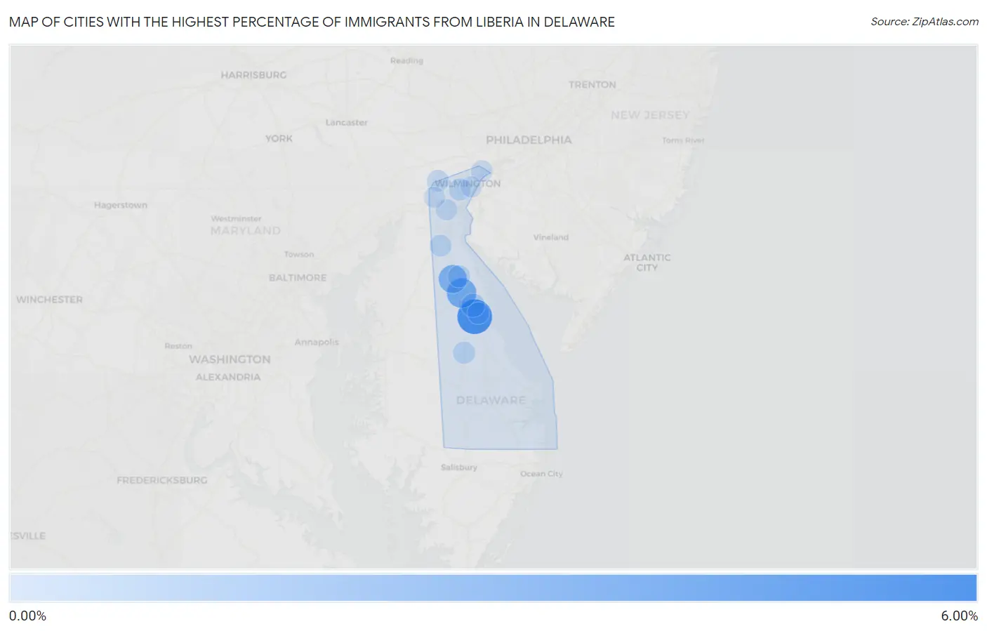 Cities with the Highest Percentage of Immigrants from Liberia in Delaware Map