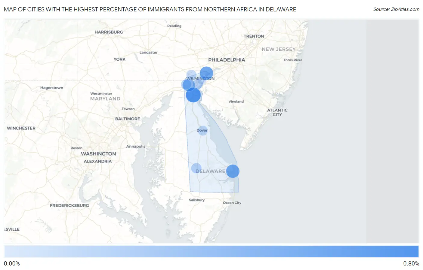 Cities with the Highest Percentage of Immigrants from Northern Africa in Delaware Map