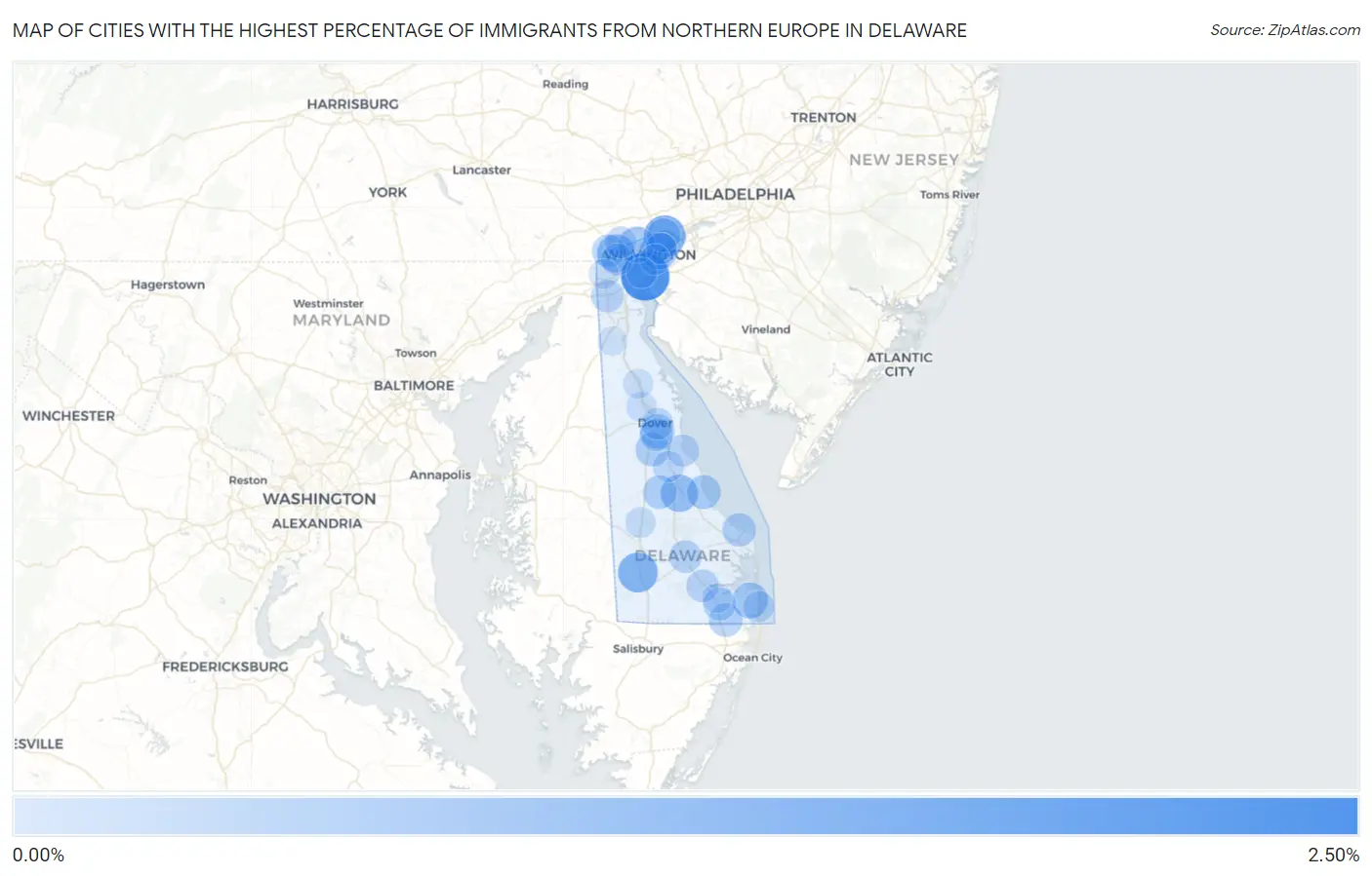 Cities with the Highest Percentage of Immigrants from Northern Europe in Delaware Map