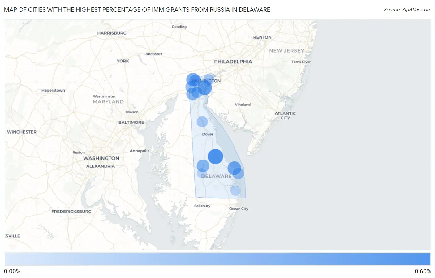 Cities with the Highest Percentage of Immigrants from Russia in Delaware Map