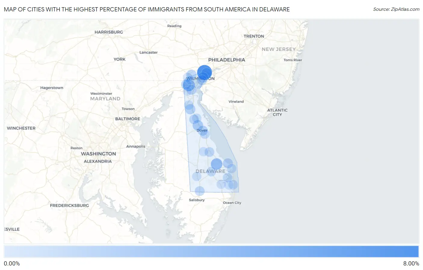 Cities with the Highest Percentage of Immigrants from South America in Delaware Map