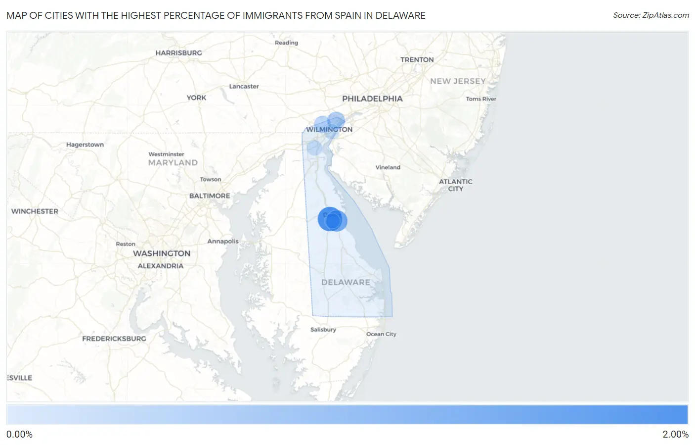 Cities with the Highest Percentage of Immigrants from Spain in Delaware Map
