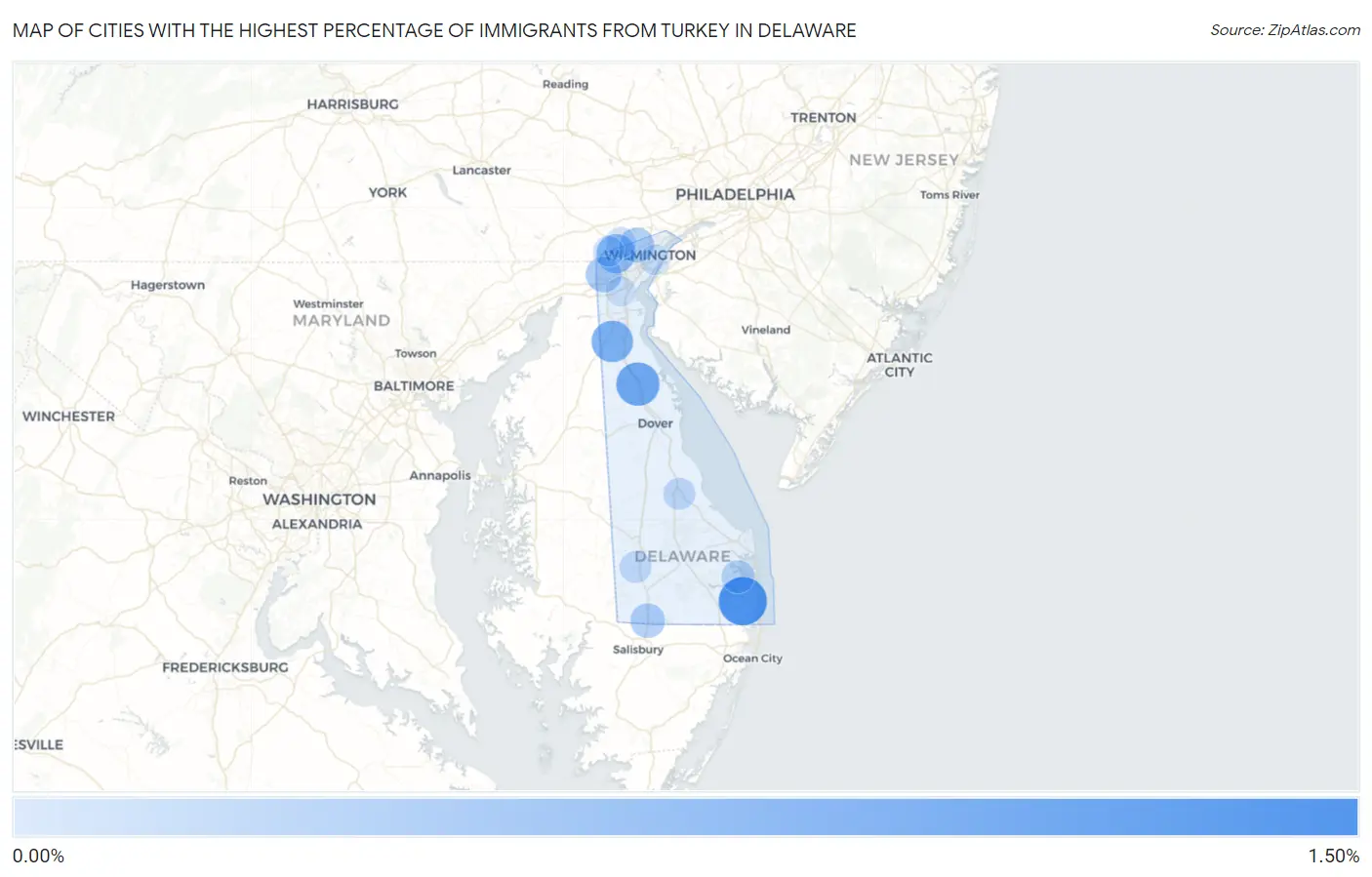 Cities with the Highest Percentage of Immigrants from Turkey in Delaware Map