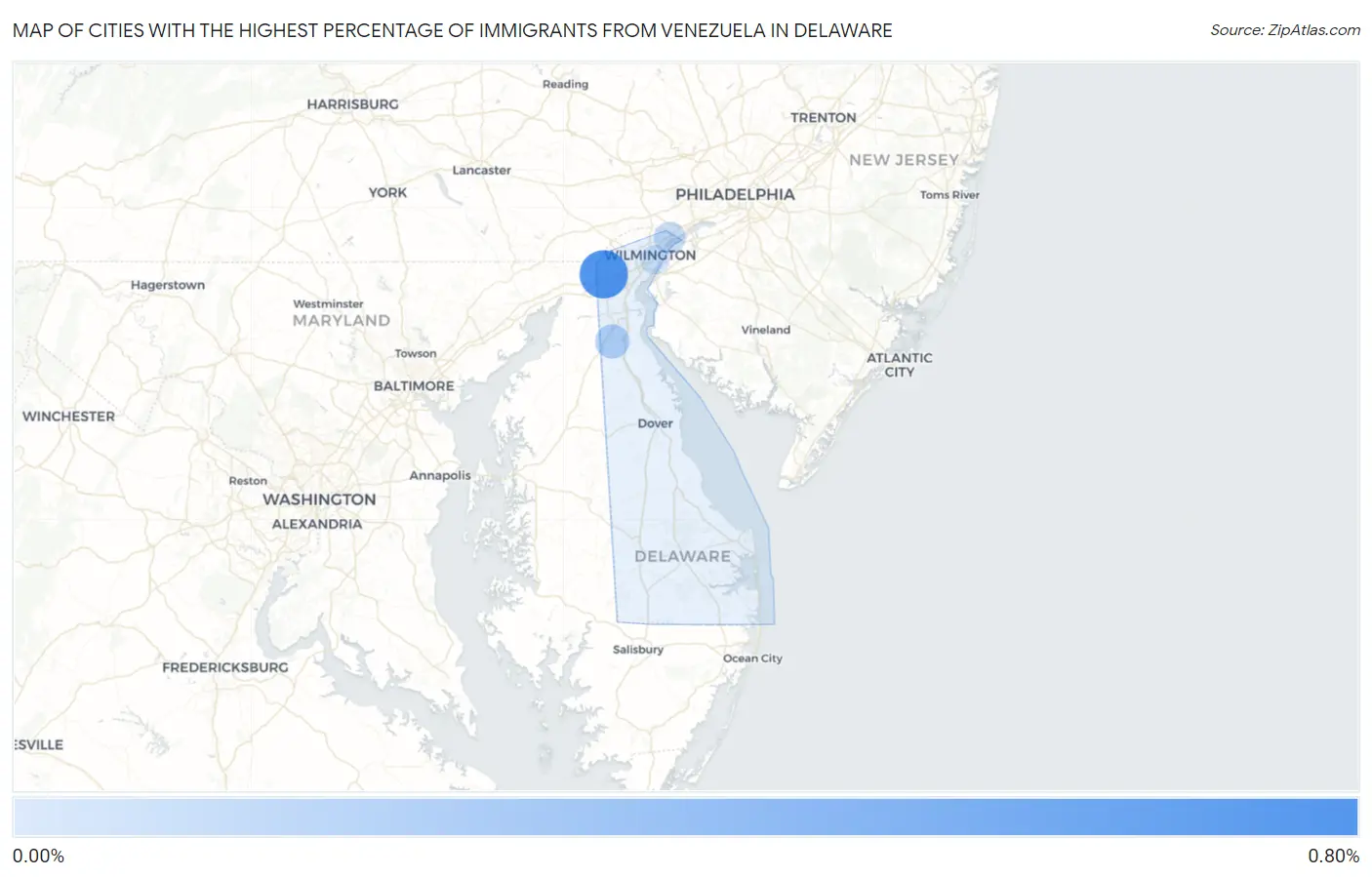 Cities with the Highest Percentage of Immigrants from Venezuela in Delaware Map