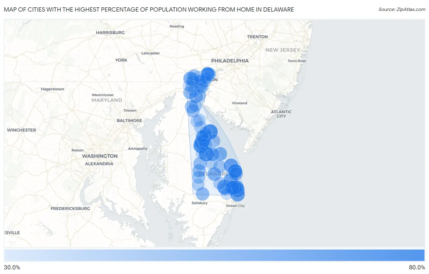 Cities with the Highest Percentage of Population Working from Home in Delaware Map