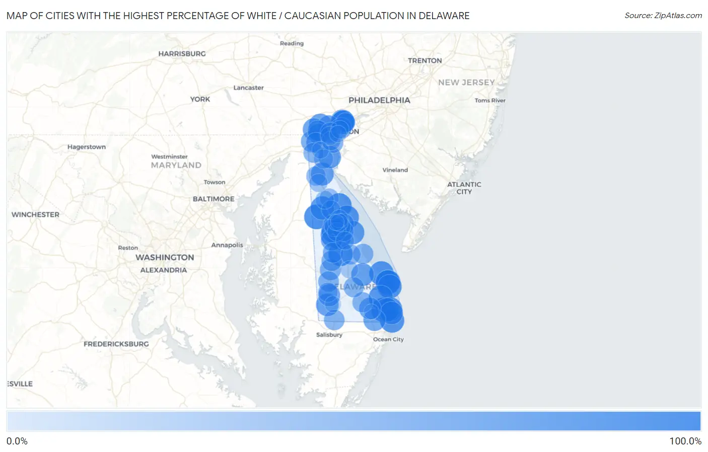 Cities with the Highest Percentage of White / Caucasian Population in Delaware Map