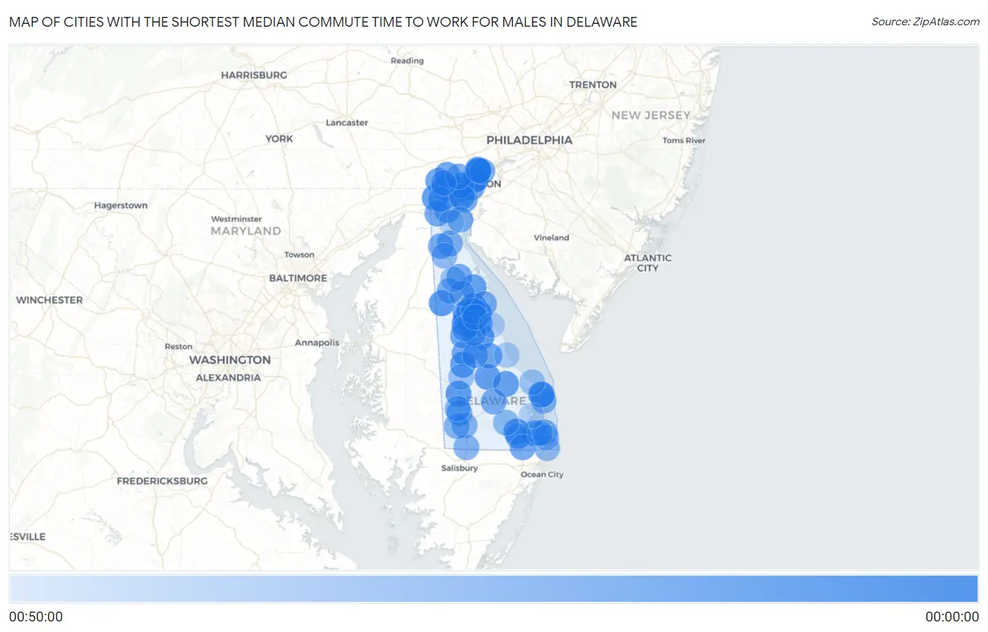 Cities with the Shortest Median Commute Time to Work for Males in Delaware Map