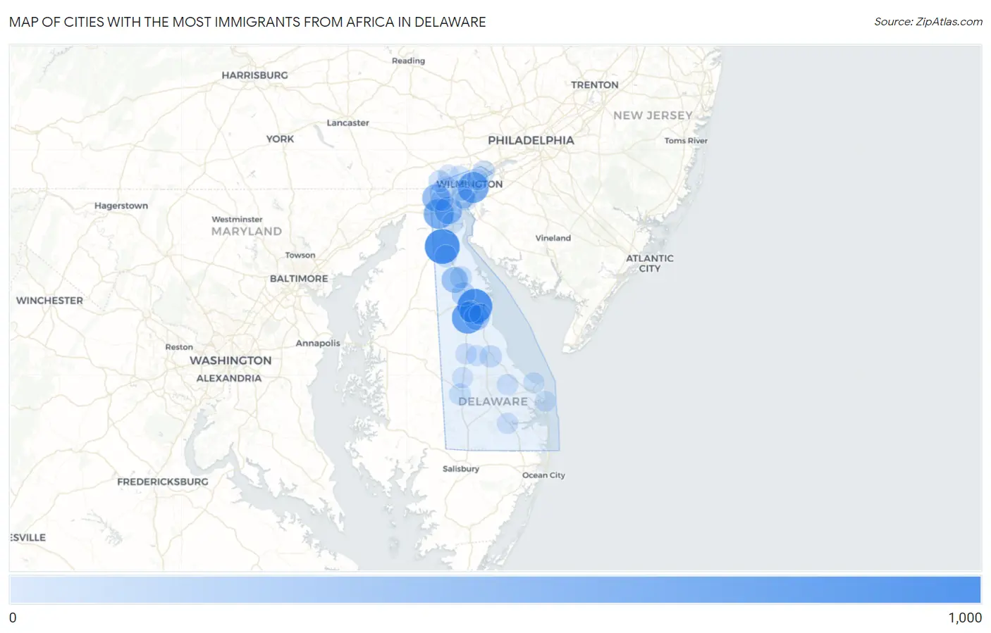 Cities with the Most Immigrants from Africa in Delaware Map