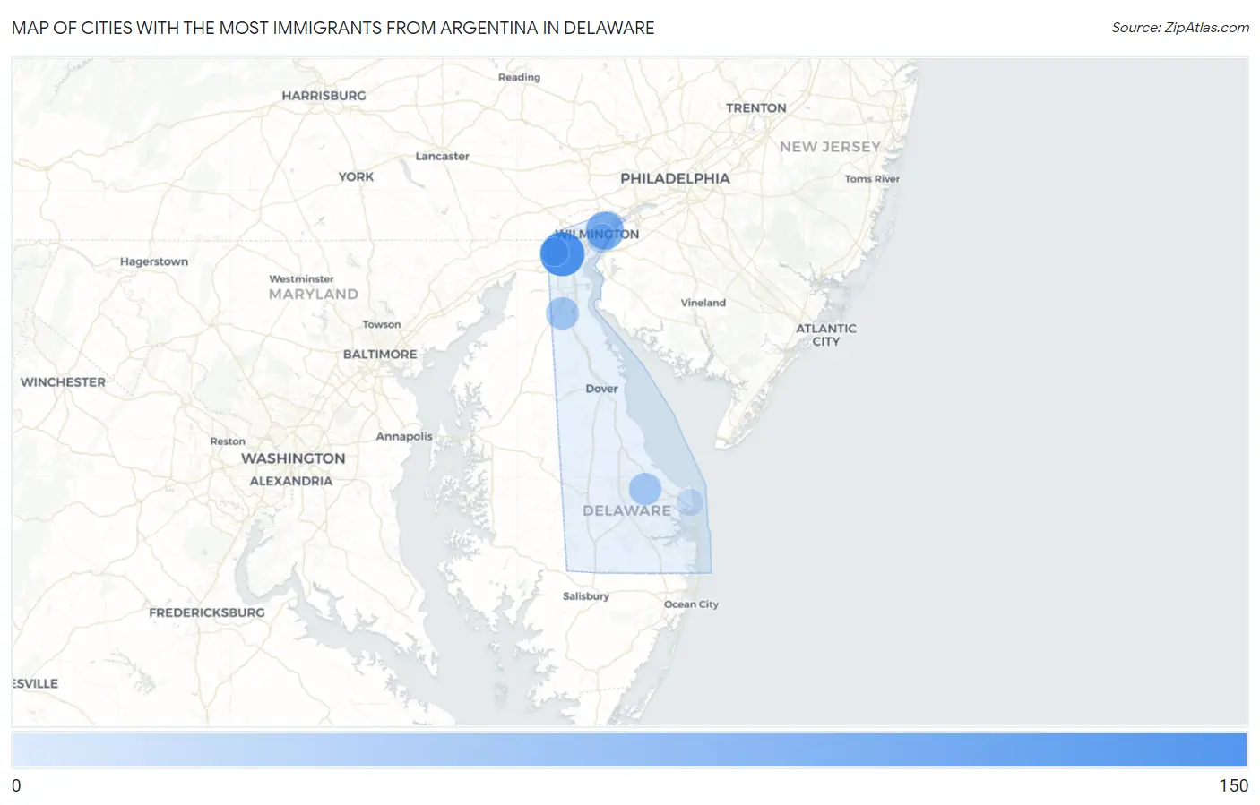 Cities with the Most Immigrants from Argentina in Delaware Map
