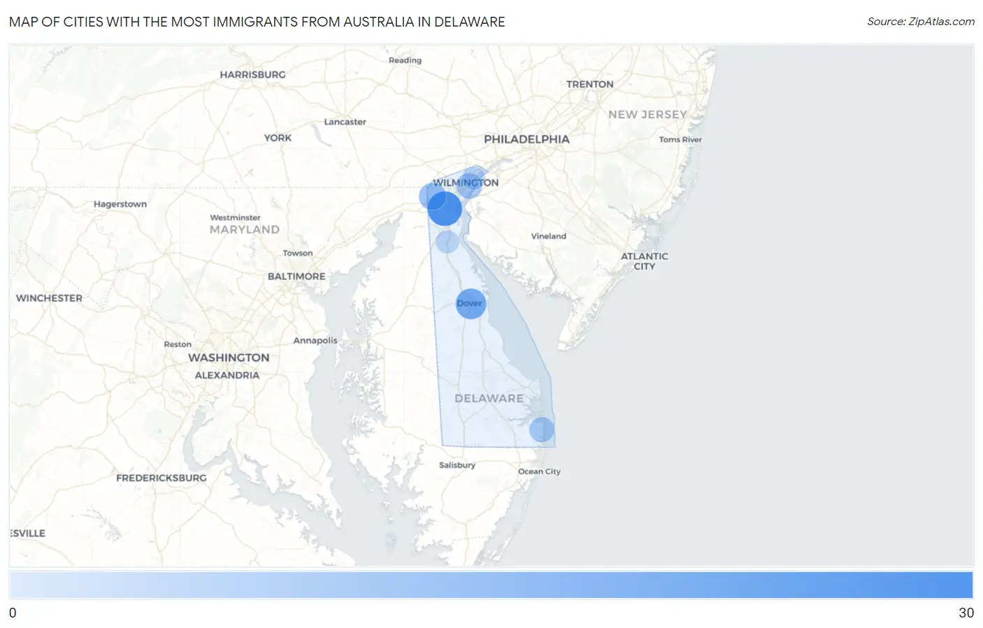Cities with the Most Immigrants from Australia in Delaware Map