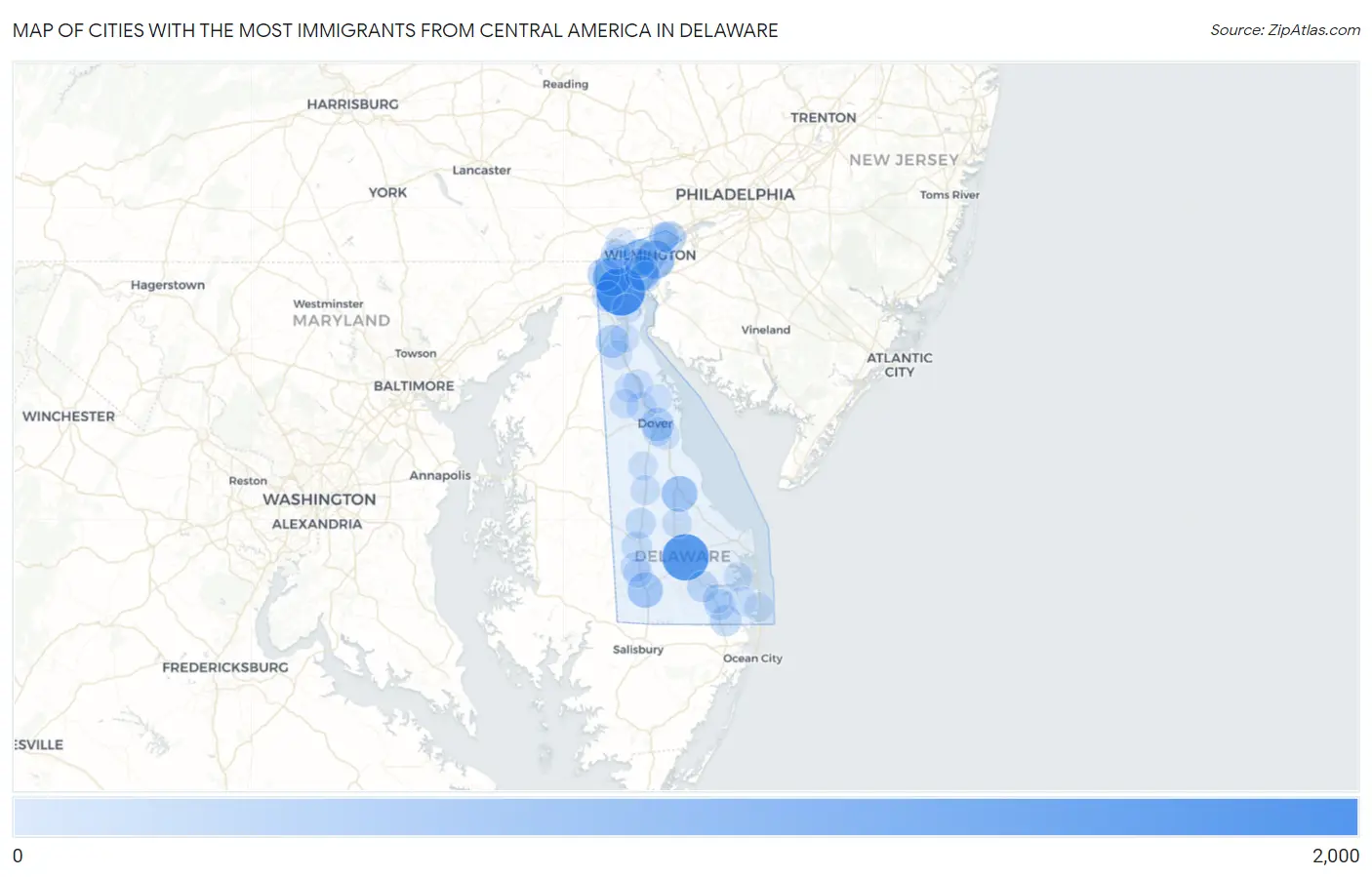 Cities with the Most Immigrants from Central America in Delaware Map