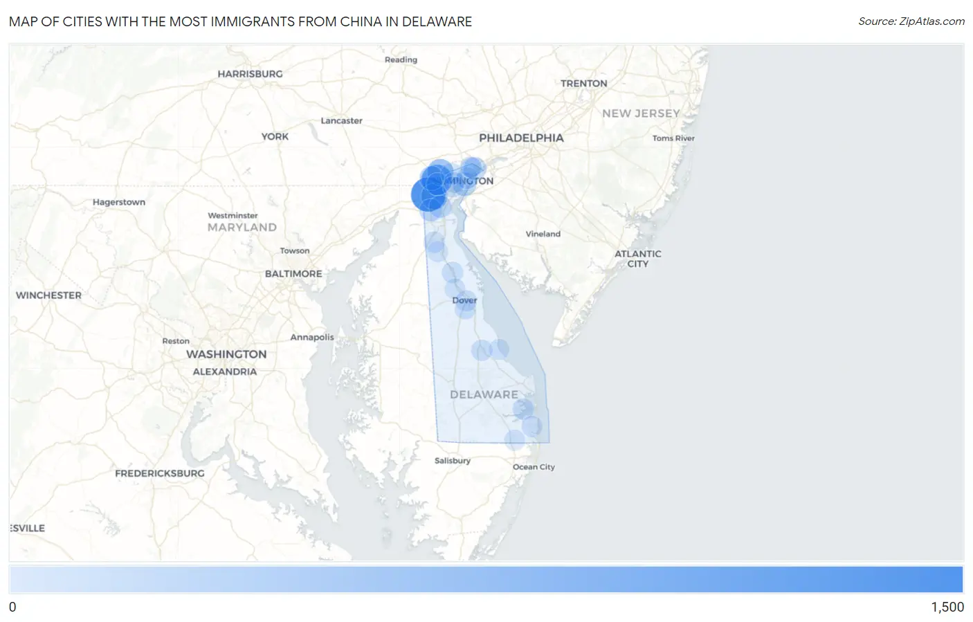 Cities with the Most Immigrants from China in Delaware Map