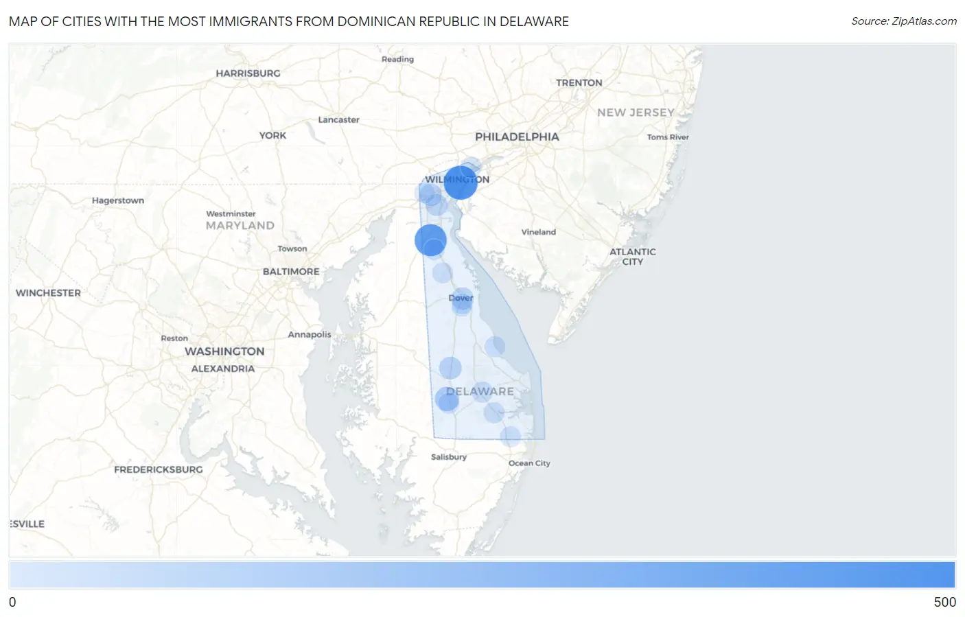 Cities with the Most Immigrants from Dominican Republic in Delaware Map