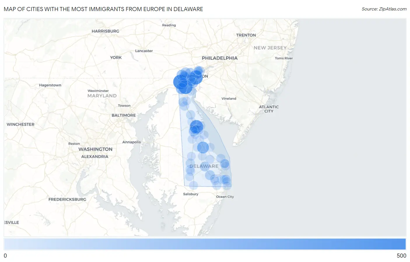 Cities with the Most Immigrants from Europe in Delaware Map